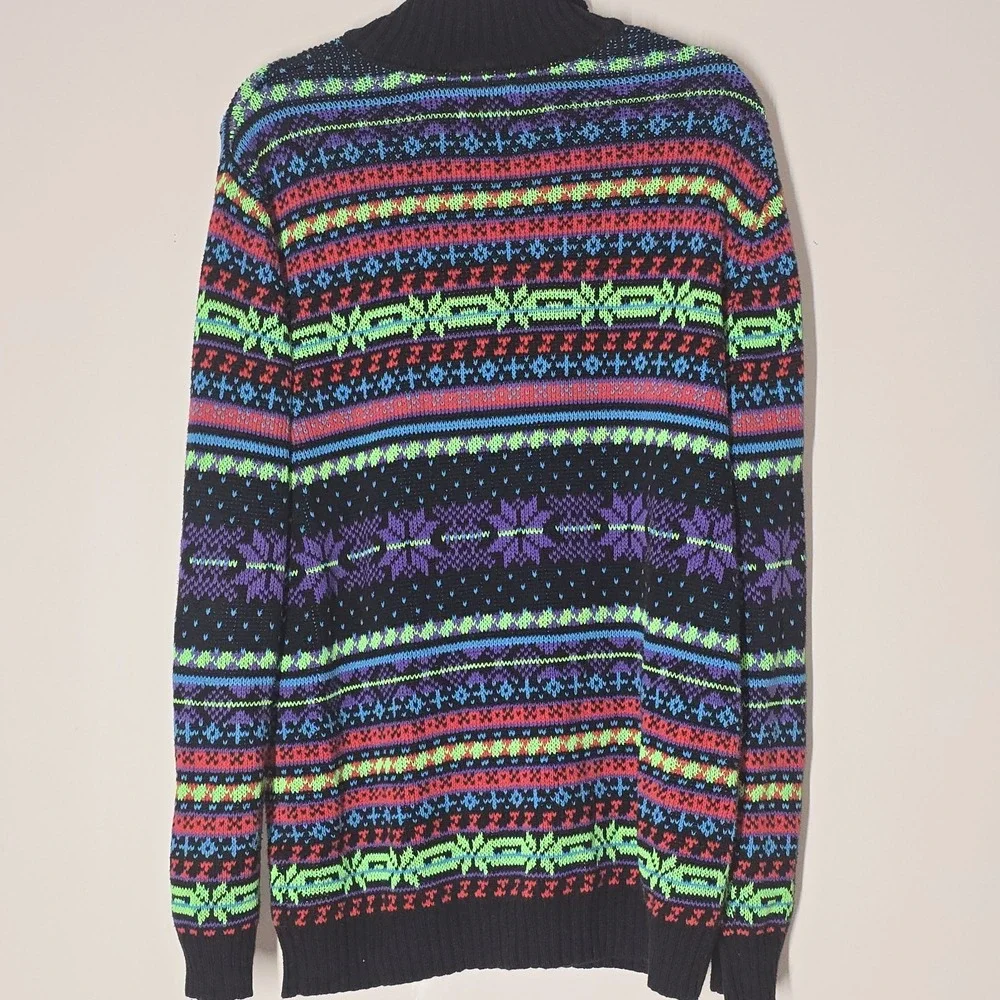 Vintage Blue Squares Skiing‎ Colorful Fair Isle 1/4 Zip Sweater Retro Size XLT